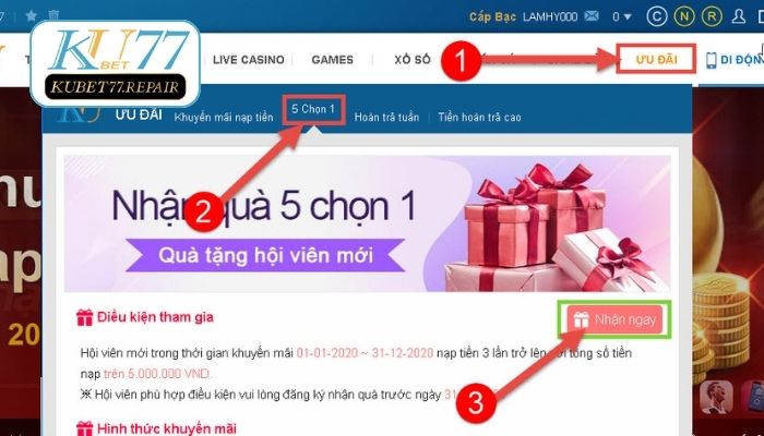 Các phần quà khuyến mãi 5 chọn 1