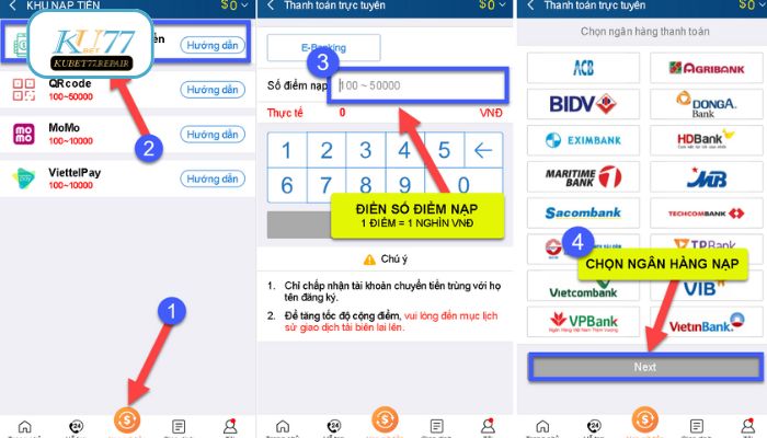 Chi tiết các phương thức Nạp Tiền Kubet77